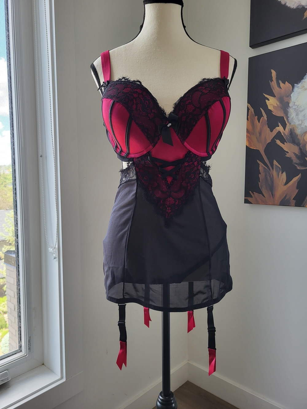 Fuchsia and Black Lace Trim Chemise with Garter Straps